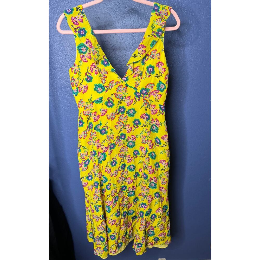 Saloni Holly Midi Dress Silk Crepe De Chine yellow floral flounce ruffle size 8 - Picture 5 of 7